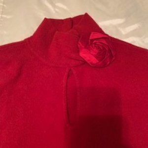 Cranberry Cashmere Sweater with Flower Pin, Keyhole Neckline + Rhinestone Wrists